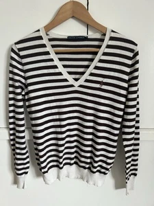 Ralph Lauren Jumper Womens Medium 100 % Pima Cotton Stripe Jumper Cream & Brown - Picture 1 of 24
