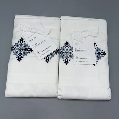 Set Of  2 Pottery Barn Tile Embroidered Organic Percale Standard Shams-Blue- New - Image 1 of 4