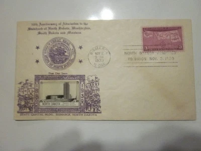 US COVER 1939 50TH STATEHOOD FDC SCOTT 858 CROSBY BISMARCK NORTH DAKOTA CACHET - Image 1 of 3