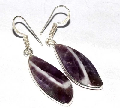 925 Silver Plated Classy Chevron Amethyst Earrings Jewelry Size 2.1" GW - Image 1 of 3