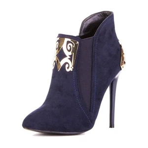 LADIES BLUE FAUX SUEDE HIGH HEEL ANKLE BOOTS WITH METALIC DETAILING WOMENS - Picture 1 of 4