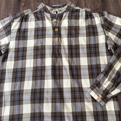 J. Peterman Poet Popover Shirt Mens Medium Brown Beige Plaid Flannel Band Collar - Image 1 of 4