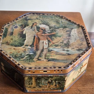 Vtg 1930's Hiawatha's Wedding Journey Loose-Wiles Sunshine Biscuit Tin USA 9.5" - Picture 1 of 24