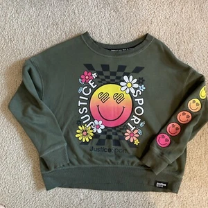 Justice Sport Girls Preppy Happy Face Sweatshirt - Army Green - Size Small - Picture 1 of 3