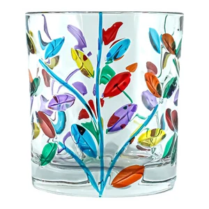 Murano Glas Trinkflasche Bauchige Bunt Lila Handbemalt Blumen - Bild 1 von 7