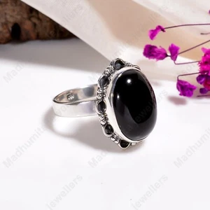 Large Black Onyx Ring 925 Sterling Silver Boho Statement Ring Women Ring All - Picture 1 of 5