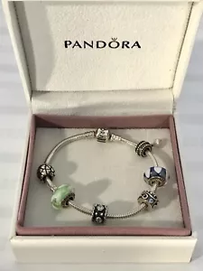 Pandora 7,5" 925 Silber Armband NICHT MEHR HERGESTELLT 6 Charm Cluster Herz Murano Perlen Clip - Bild 1 von 12