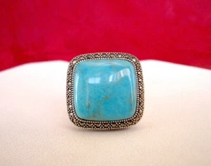 925 STERLING SILVER S.M.J.LARGE TURQUOISE MARCASITE RING SIZE 7.5 - Picture 1 of 10