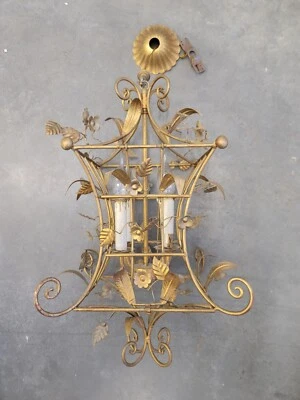 Vintage Gold Gilt Tole Candelabra Ceiling Mount Hanging Swag Candle Light Cage  - Image 1 of 4