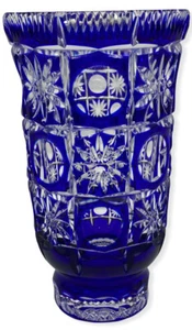Vtg Cobalt Blue Cut to Clear Glass Vase Starburst Magnifying Circles in Squares - Picture 1 of 12