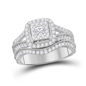 14kt White Gold 1Ct Princess Diamond Halo Bridal Wedding Rings 2 pc set - Picture 1 of 2