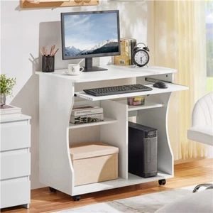 Computer Desk with Wheels & Shelves White MDF for Office Home PC Laptop Study - Picture 1 of 12