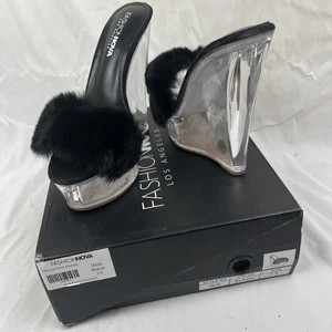 NUOVO! Moda Nova IRIS tacco trasparente con zeppe in pelliccia sintetica nera taglia 7,5 nuovo con scatola - Foto 1 di 13