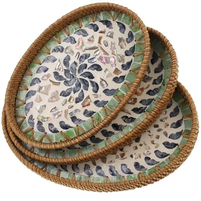 Bandeja para servir de ratán con incrustación de nácar, tejida a mano decoración boho pan ba... Foto 1 de 4