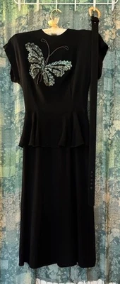 Vintage 1940's Black Crepe Dress with Pale Green Sequin Butterfly XS     - Image 1 of 4