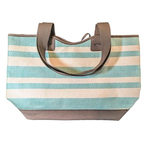 Thirty-One Canvas Tote Turquoise Euro Straw Stripe Large Beach Bag - Picture 1 of 7