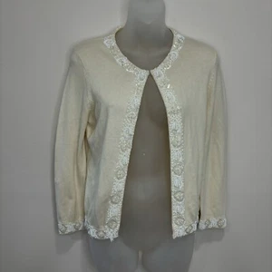 Moda International Silk Cashmere Beaded Cardigan Sweater size Medium Beige white - Picture 1 of 9