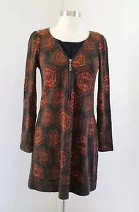 Aryeh Orange Geometric Medallion Print Zip Neck Tunic Sweater Dress Size S Black - Picture 1 of 6
