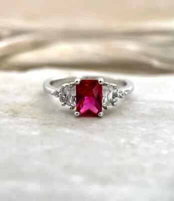 Emerald Cut 1.96 Ct Natural Ruby Diamond Engagement Ring 14K White Gold Solid - Image 1 of 4