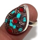 11gms Tibetan Turquoise Red Coral Ethnic Nepali Tribal Ring Jewelry US Size-6 JW