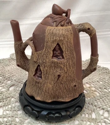Buddhas In Tree Bark Chinese Yixing Clay Pottery Decorative Signed Teapot - Image 1 of 4