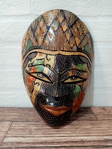 HAND CARVED WOOD BATIK MASK JAVA ART WALL DECORATION ORNAMENT MALE 11 - Picture 1 of 6
