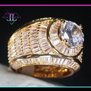 Mens Gold Iced Out Ring | Mens Hip Hop Ring | Simulated Baguette Diamond Ring - Picture 1 of 13