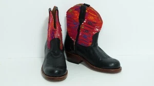 Red Fabric Textile Black Leather South Western Cowboy Boots Girl's J 13 EUC - Picture 1 of 7