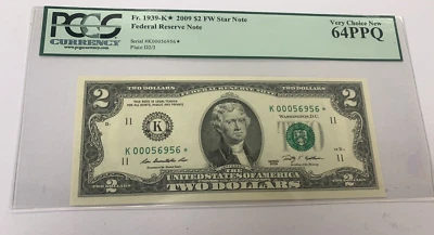 2009 $2 FRN *Star Note* PCGS 64 PPQ Fr 1939K* (K* Block) Low Serial Number - Image 1 of 4