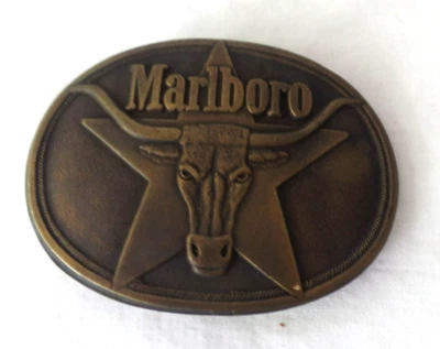 Vintage Marlboro BRASS BELT BUCKEL long horn bull star 1987 oval 3¼" x 2½" - Image 1 of 4