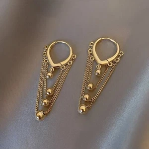 18K Gold Plated Metal Ball Tassel Chain Dangle Drop Earrings for Women Gifts - Picture 1 of 4