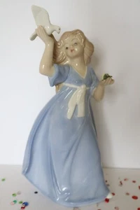 Tengra Porcelain Figurine Vintage Girl Holding Dove Blue Small 9 Inch Spain - Picture 1 of 10