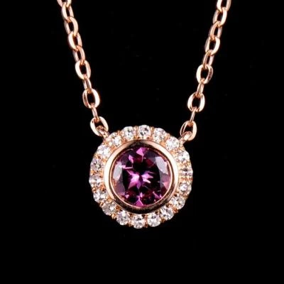 Collar Colgante Diamante Turmalina Rosa Redondo Natural Cadena Oro Rosa 14K Sólido Foto 1 de 4