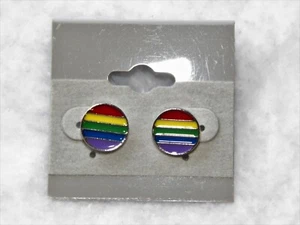 NEW Gold Round Rainbow Post Earrings Gay Pride LGBTQ+ - Picture 1 of 3