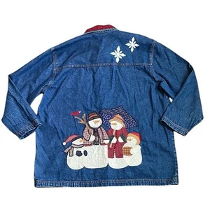 Vintage Denim Holiday Jacket Women’s XL Embroidered Snowman Christmas Design - Picture 1 of 12