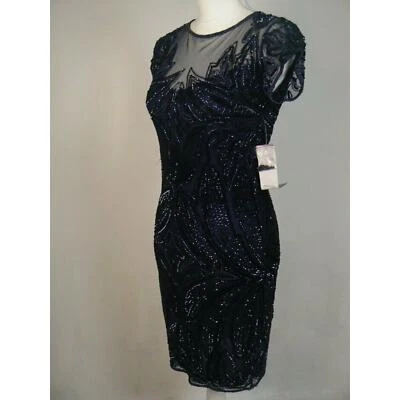 Vestido Vaina Pisarro Nights Azul Marino Cuentas Lentejuelas Ilusión Escote 2 NUEVO P342 Foto 1 de 4