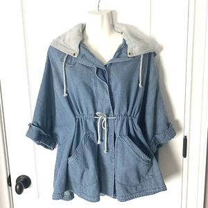 Veveret Jacket Women’s M Hooded Denim Cotton Blue Gathered Waist Short Sleeve - Picture 1 of 9