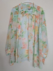 J. Jill Womens Tunic Top Cover Up Floral Sheer Blue Plus Size 3X Boho Collared - Picture 1 of 5