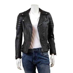 Feminin Touch Damen Schwarz Used Leder Super Slim Fit Biker Jacke - Bild 1 von 6