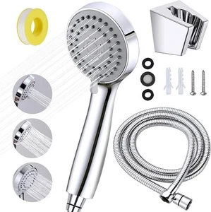 Duschkopf Universal mit 1.55m Edelstahl Schlauch und Halterung Handbrause Chrom - Bild 1 von 6