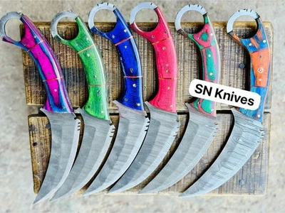 LOT OF 6-CUSTOM HANDMADE DAMASCUS STEEL COMBAT TACTICAL KARAMBIT FIXED BLADE - Image 1 of 4