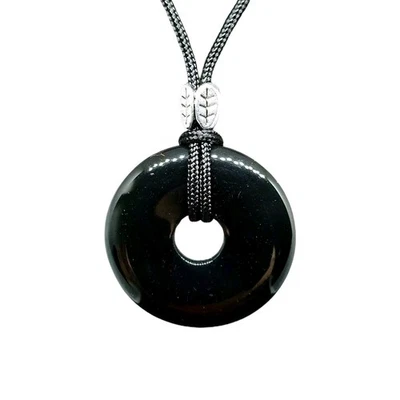 Obsidian Donut Anhänger Halskette Scalar Edelstein Feder Perlen Schutz Schmuck - Bild 1 von 4