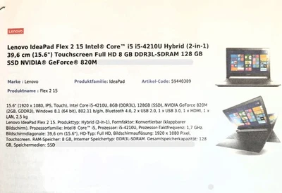 Laptop Lenovo IdeaPad Flex 2 ~ 15 Zoll ~ i5 ~ Win 10 ~ Touchscreen ~ klappbar - Bild 1 von 4