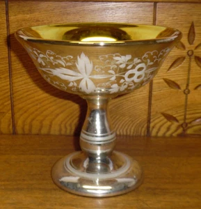 Antique Floral Etched Mercury Glass Compote w/ Gold Interior - 6 5/8" - Picture 1 of 6