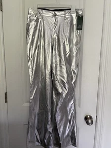 NWT Wild Fable Women's Metallic Silver High Rise Faux Leather Flare Leg Pants - Picture 1 of 7