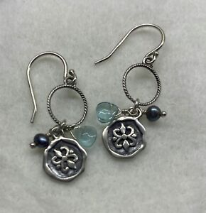 Silpada W2370 Earrings - sterling silver, gray pearl, blue glass 1 1/2 " long  