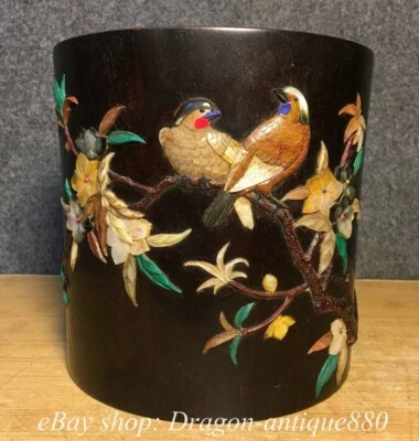 Maceta de cepillo de 7,2" antigua dinastía china con incrustaciones de madera de rosa urracas pájaros flores Foto 1 de 4