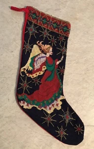 Needlepoint Beaded Herald Angel Christmas Stocking Red Fabric Lining Vintage - Picture 1 of 4