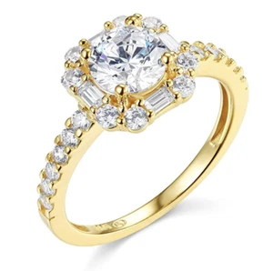2,30 ct runder Baguette Halo Verlobungsring Hochzeit Versprechen echtes 14 K Gelbgold - Bild 1 von 3