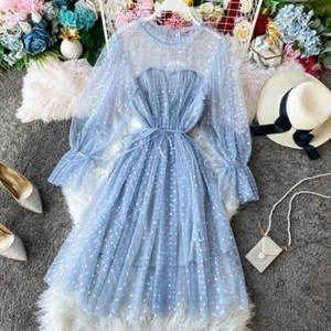 Femme Paillettes Sequin Fairy Maille Pur Superposé Robe Tunique Clochette Long - Picture 1 of 18